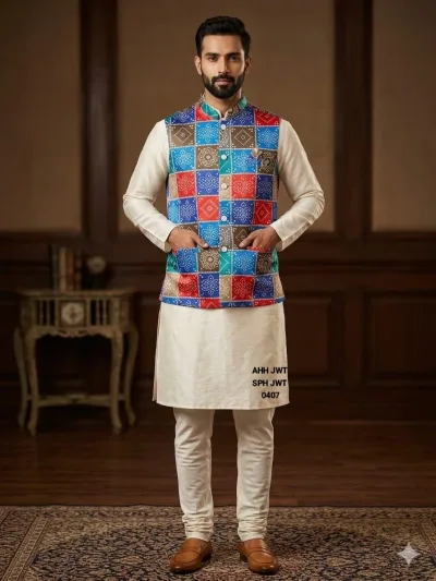 Men’s Multicolor Patchwork Ethnic Nehru Jacket Kurta Set